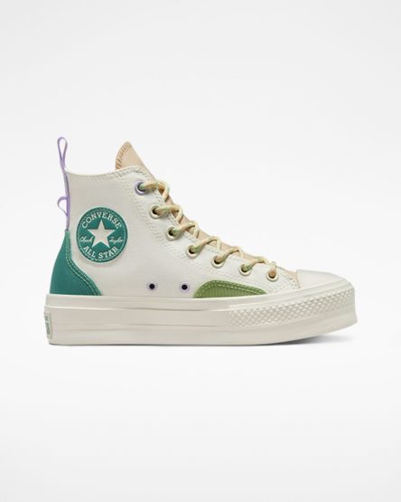 Beige Converse Chuck Taylor All Star Lift Colorblock Overlay High Top Women's Platform Shoes | JO8K793I5