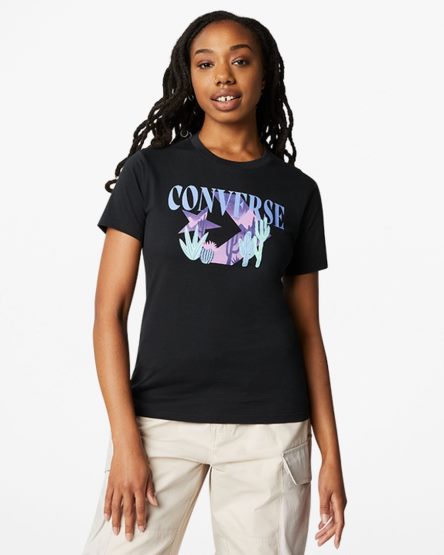 Black Converse Star Chevron Desert Mountain Women's T-Shirts | PG43851I9