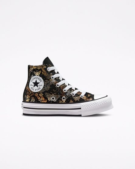 Black / Gold / White Converse Chuck Taylor All Star EVA Lift Butterfly Shine High Top Girls' Platform Shoes | HG5L739I8