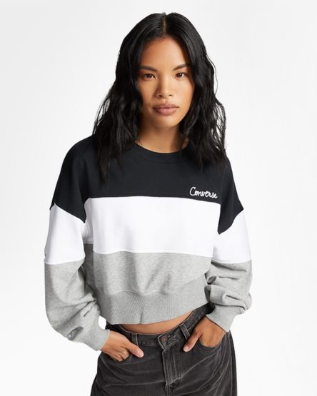 Black Multicolor Converse Colorblocked Chain Stitch Crew Women's Sweatshirts | PF8145397