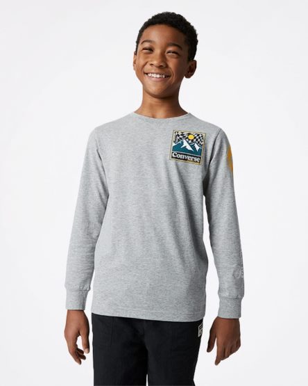 Dark Grey Converse Long Sleeve Sneaker Collage Boys' T-Shirts | IXIK94L85