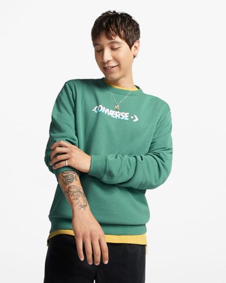 Green Converse Cloud Graphic Long Sleeve Crew Men's Sweatshirts | BJ159LI4K