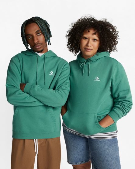 Green Converse Go-To Embroidered Star Chevron Standard Fit Fleece Men's Hoodie | WEL51I497