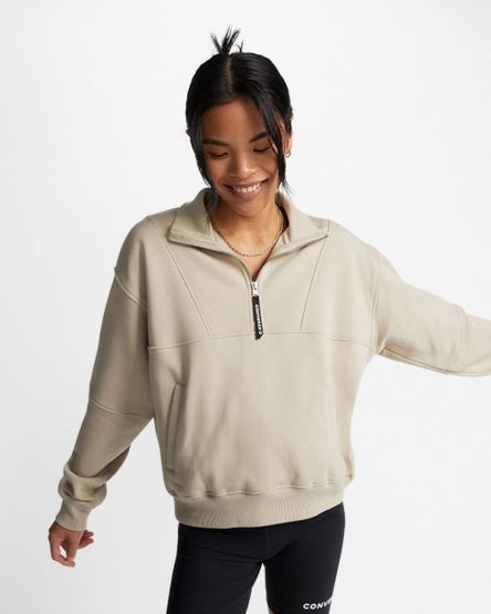 Grey Converse Fleece Half-Zip Pullover Women's Sweatshirts | OY58LI947