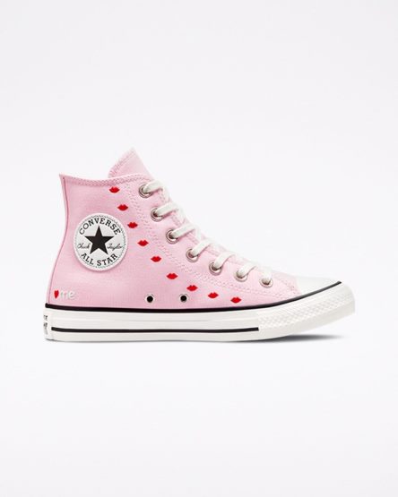 Pink / White Converse Chuck Taylor All Star Embroidered Lips Women's High Top Shoes | ZK3K4578I