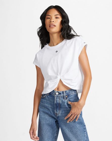 White Converse Star Chevron Twist Cropped Women's T-Shirts | RLI43LK81