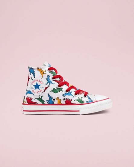 White / Red / Blue Converse Chuck Taylor All Star Dinosaurs Girls' High Top Shoes | XZ4I8LK97