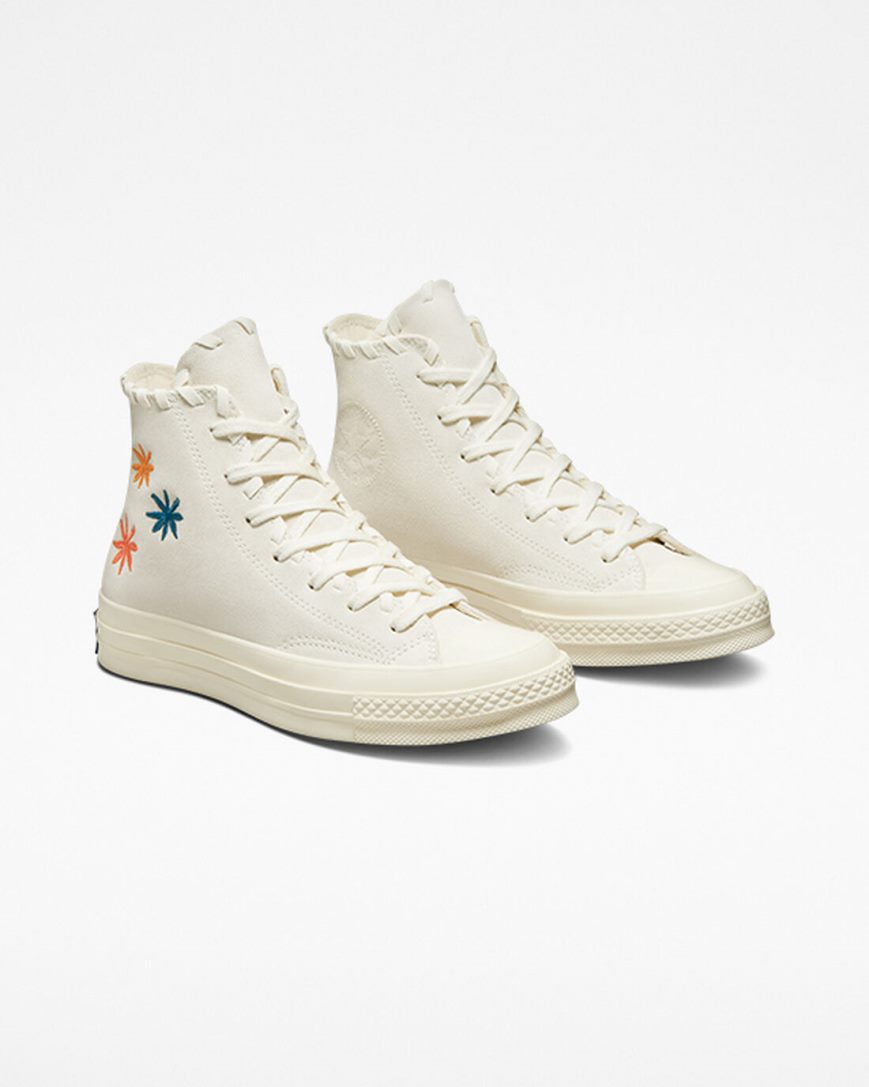 Beige / Beige White Converse Chuck 70 Embroidered Florals Women's High Top Shoes | TZI98LK34