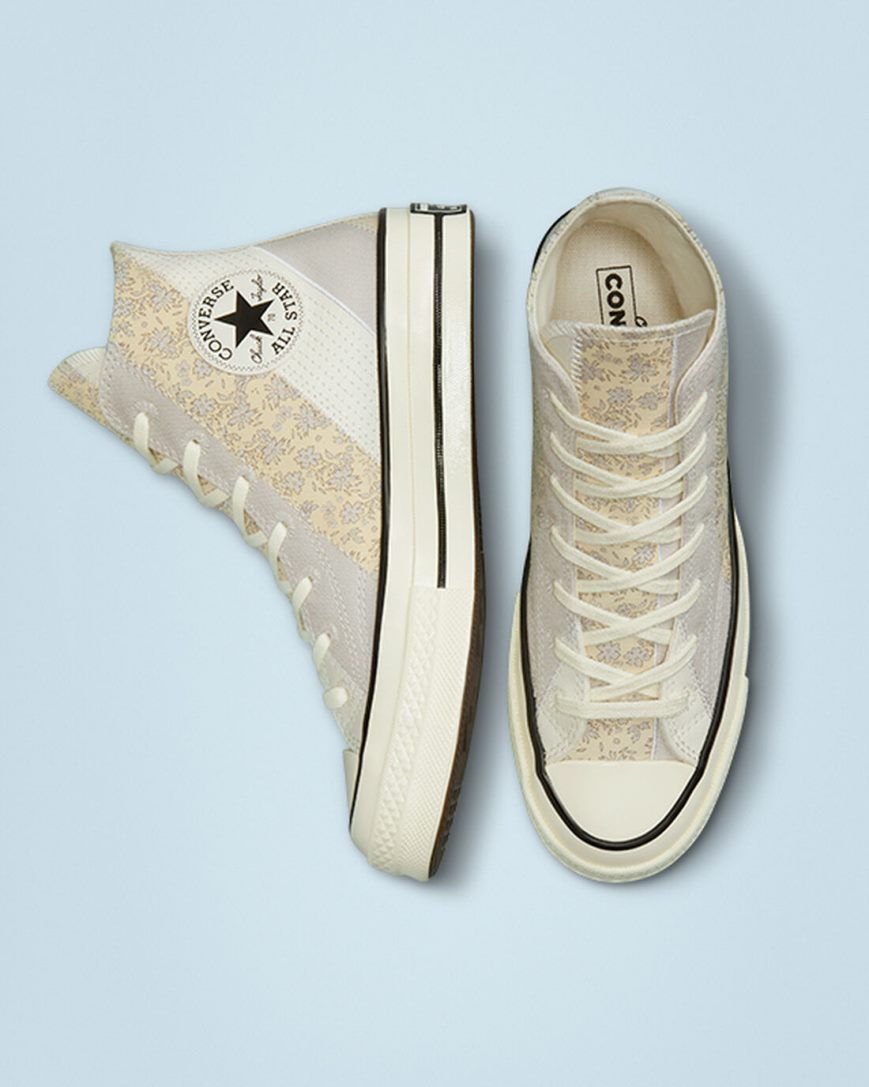 Beige / Black Converse Chuck 70 Embroidered Floral Women's High Top Shoes | UN9384IK1