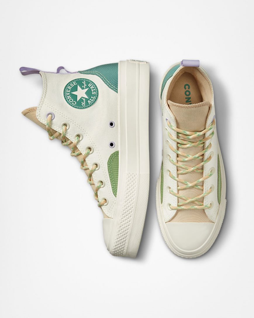 Beige Converse Chuck Taylor All Star Lift Colorblock Overlay High Top Women's Platform Shoes | JO8K793I5