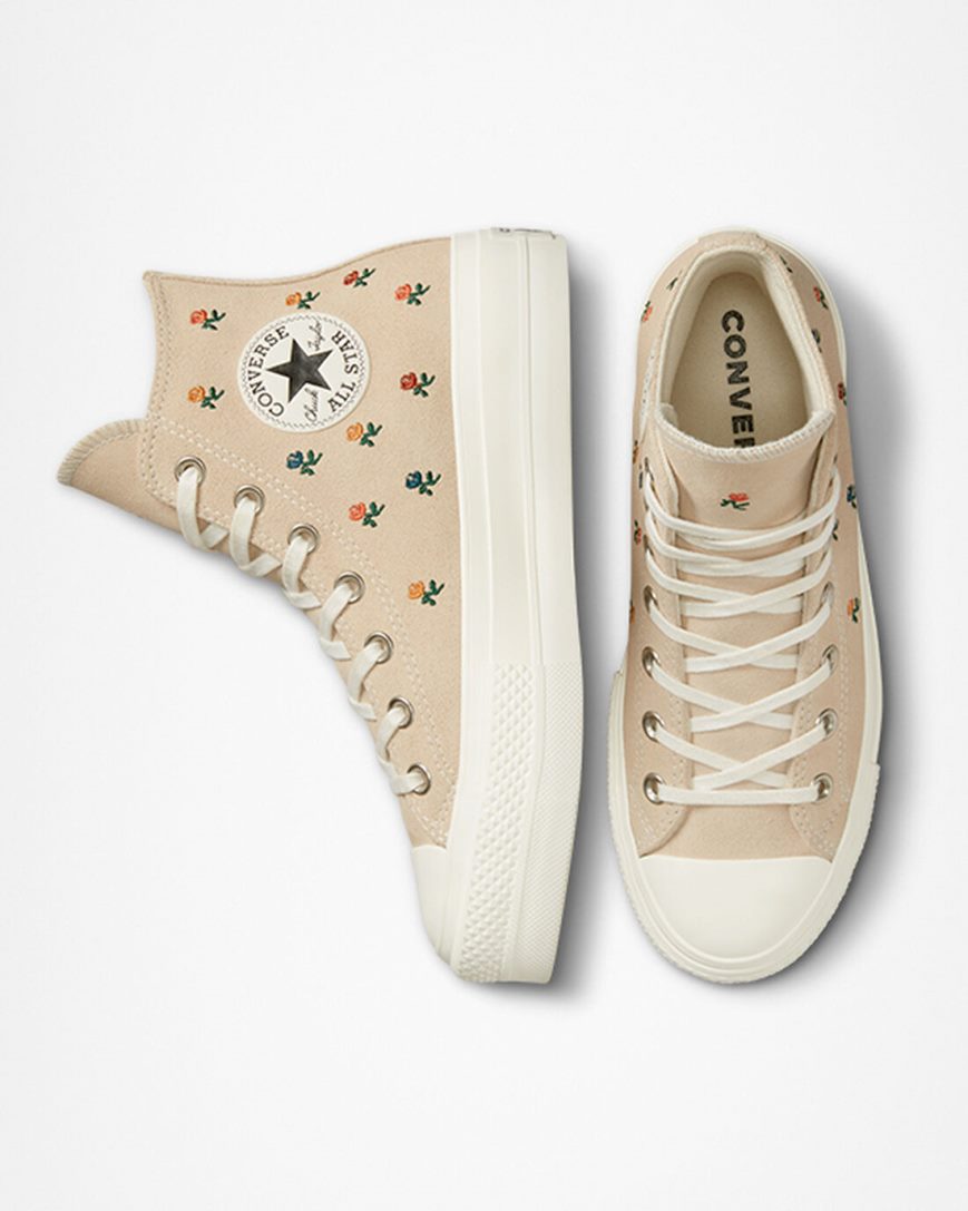 Beige Converse Chuck Taylor All Star Lift Embroidered Roses High Top Women's Platform Shoes | KJL7K59I8