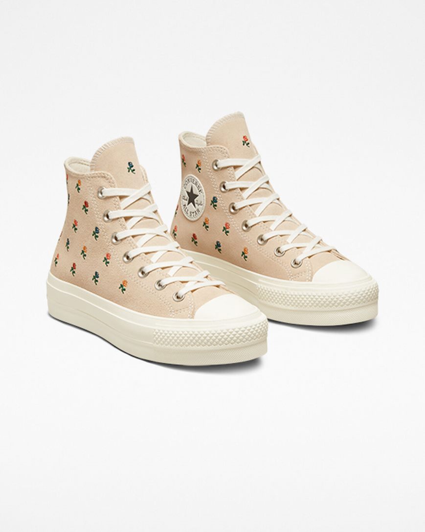 Beige Converse Chuck Taylor All Star Lift Embroidered Roses High Top Women's Platform Shoes | KJL7K59I8