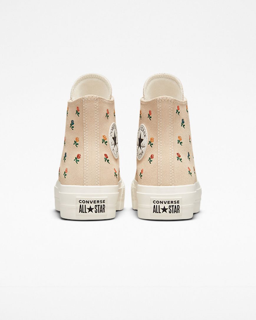 Beige Converse Chuck Taylor All Star Lift Embroidered Roses High Top Women's Platform Shoes | KJL7K59I8