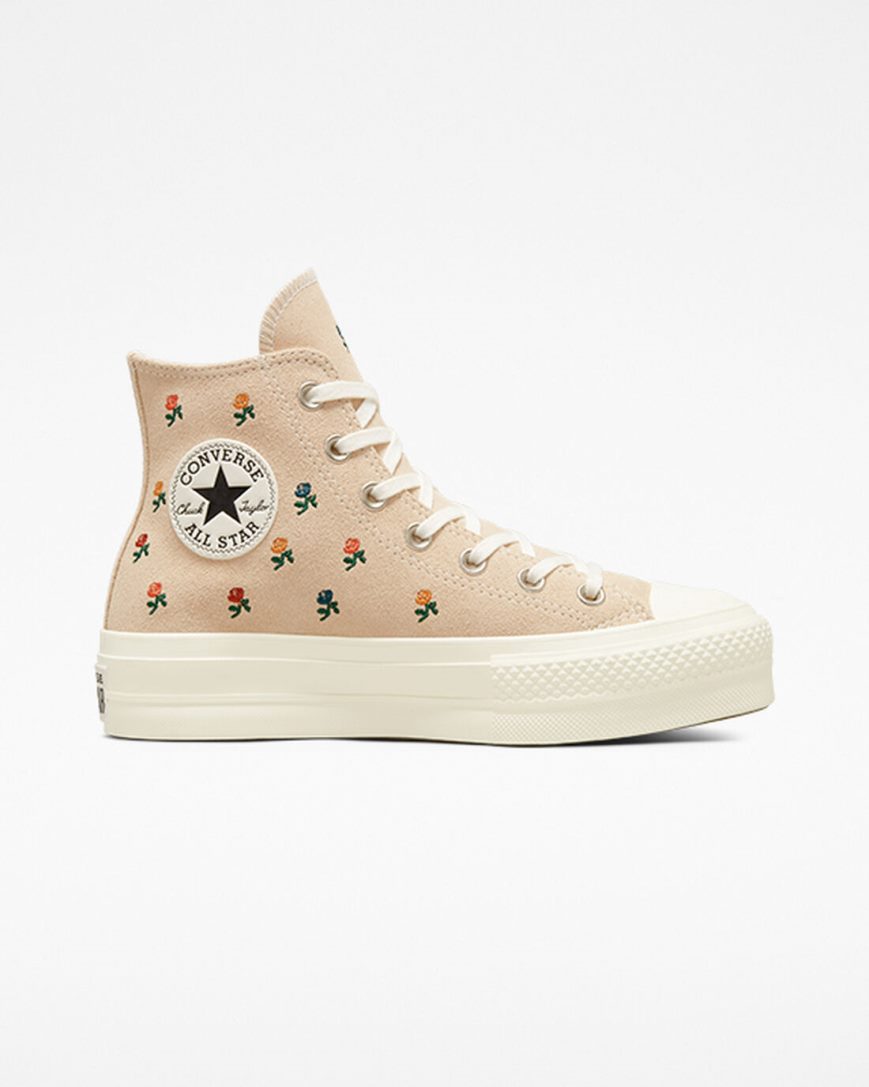 Beige Converse Chuck Taylor All Star Lift Embroidered Roses High Top Women\'s Platform Shoes | KJL7K59I8