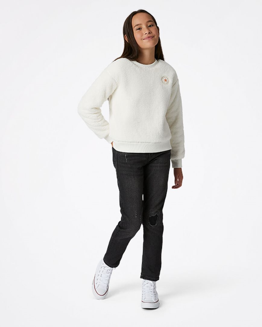 Beige Converse Sherpa Crewneck Girls' Sweatshirts | CX594I8L1