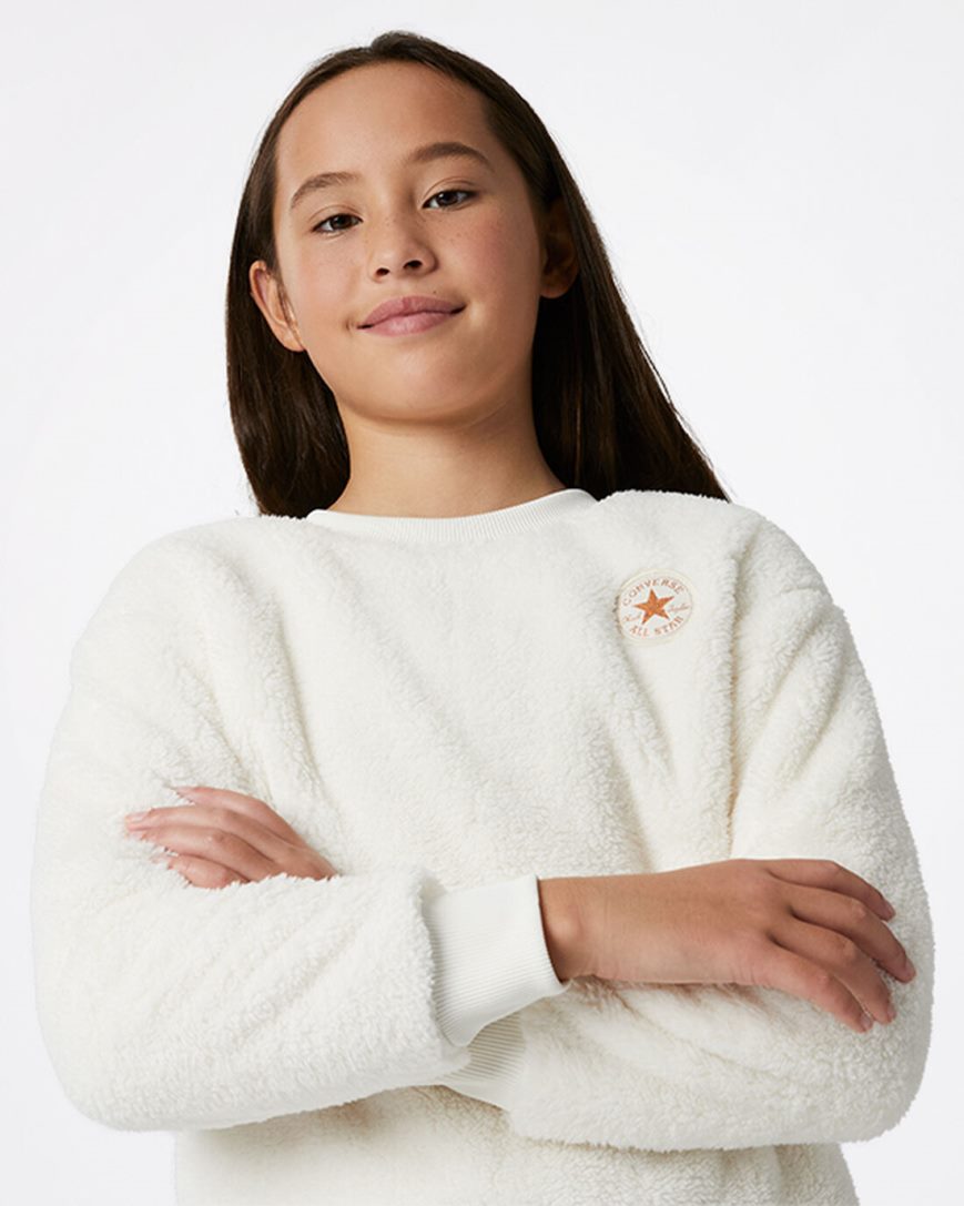 Beige Converse Sherpa Crewneck Girls' Sweatshirts | CX594I8L1