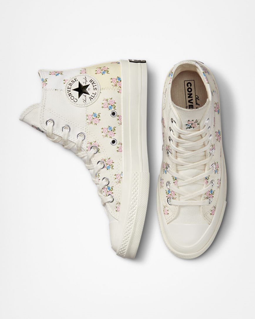 Beige / White Converse Chuck 70 Patchwork Floral Women's High Top Shoes | QJ897I1KL