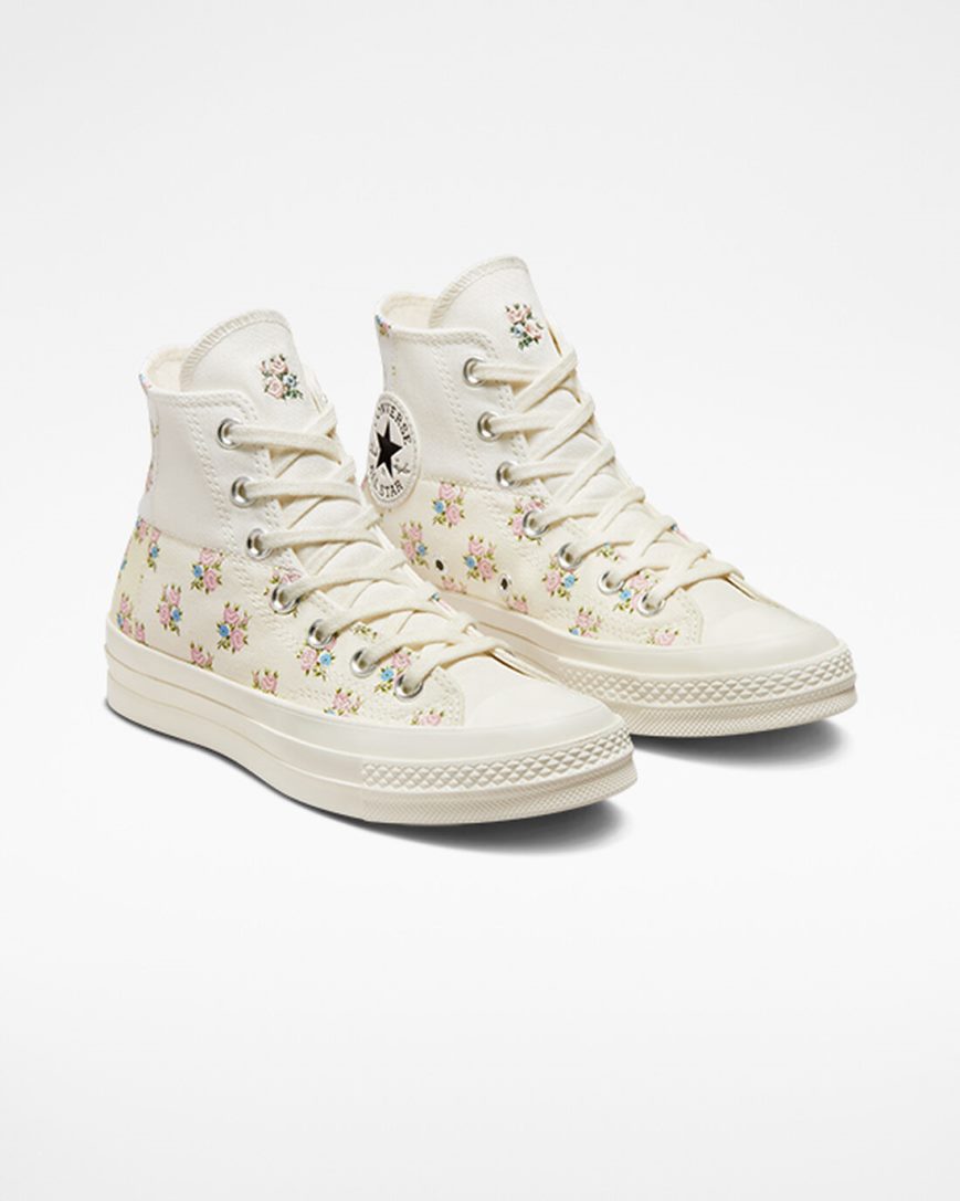 Beige / White Converse Chuck 70 Patchwork Floral Women's High Top Shoes | QJ897I1KL