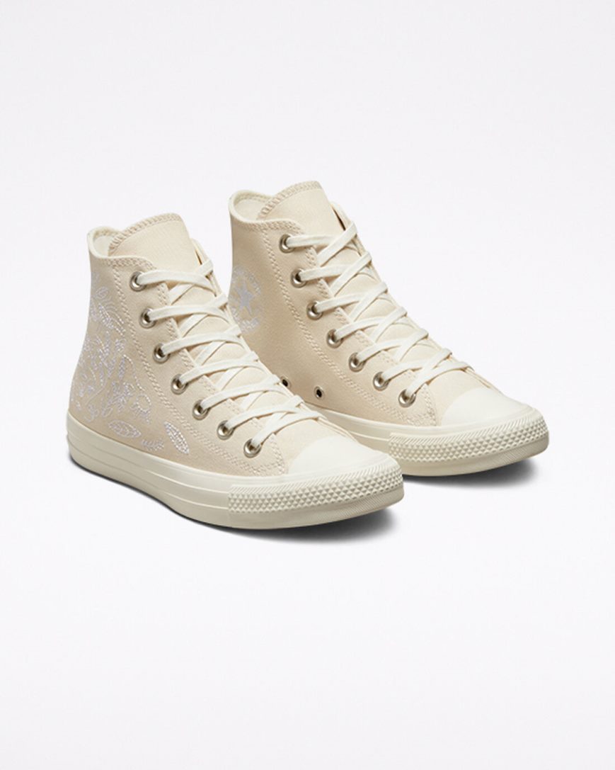 Beige White Converse Chuck Taylor All Star Embroidered Floral Women's High Top Shoes | EDIK345L9