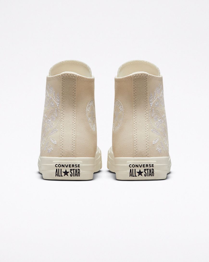 Beige White Converse Chuck Taylor All Star Embroidered Floral Women's High Top Shoes | EDIK345L9