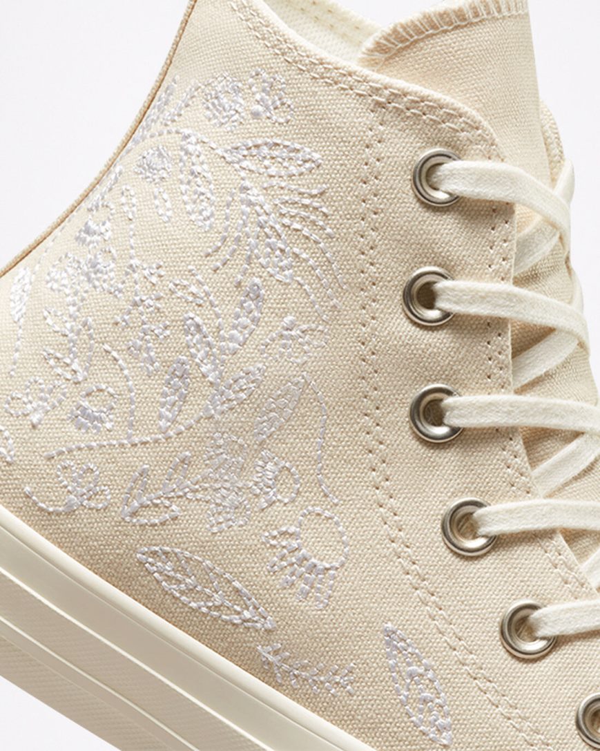 Beige White Converse Chuck Taylor All Star Embroidered Floral Women's High Top Shoes | EDIK345L9