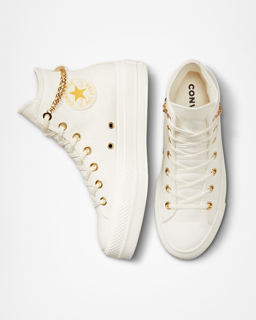 Beige / Yellow Converse Chuck Taylor All Star Lift Gold Chain High Top Women's Platform Shoes | BY4K1857L