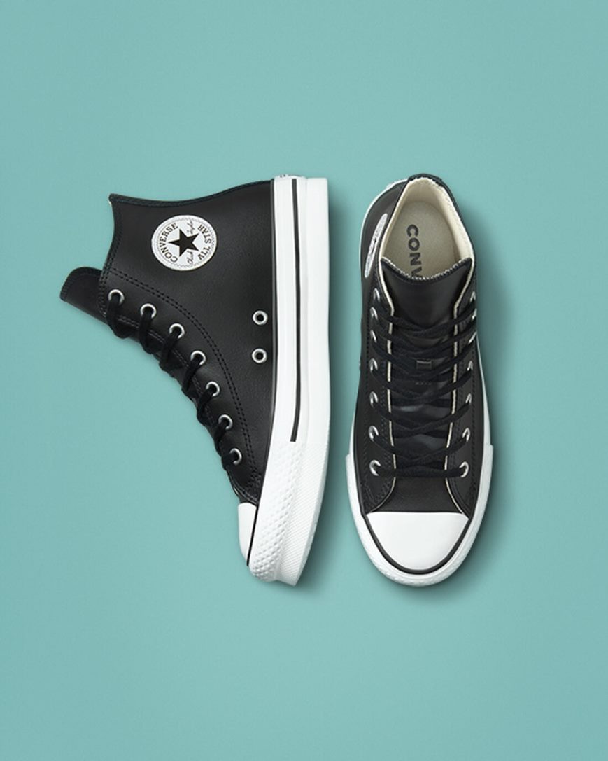 Black / Beige White Converse Chuck Taylor All Star Lift Leather High Top Girls' Platform Shoes | NG31L5IK8