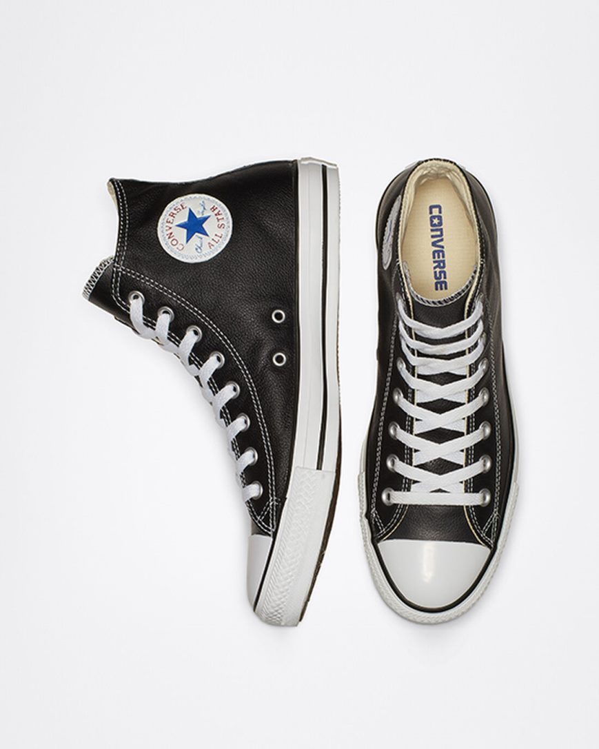 Black Converse Chuck Taylor All Star Leather Men's High Top Shoes | XLK359I74