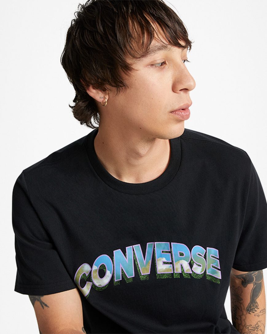 Black Converse Cloud Fill Logo Men's T-Shirts | PW43I7L89