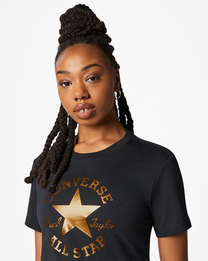 Black Converse Metallic Chuck Taylor Patch Classic Fit Women's T-Shirts | ULK83I5L9