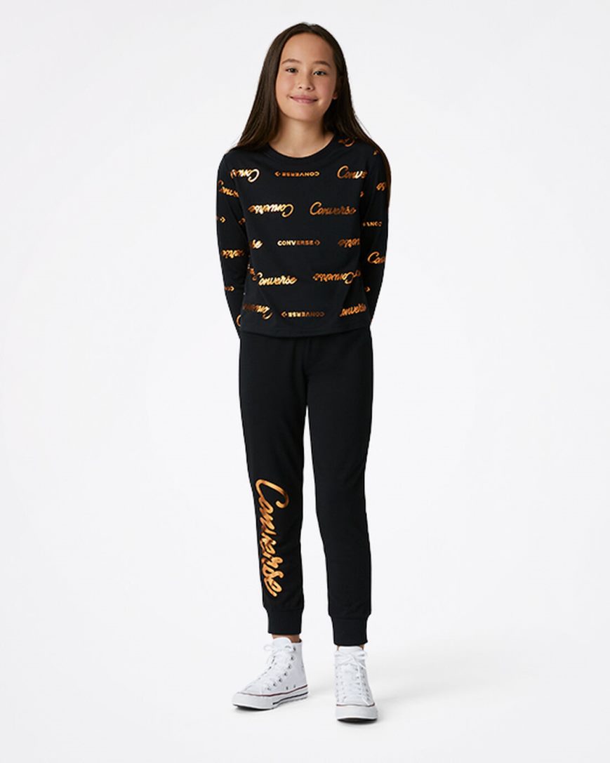 Black Converse Shiny Wordmark Girls' Jogger | VX5K4318I