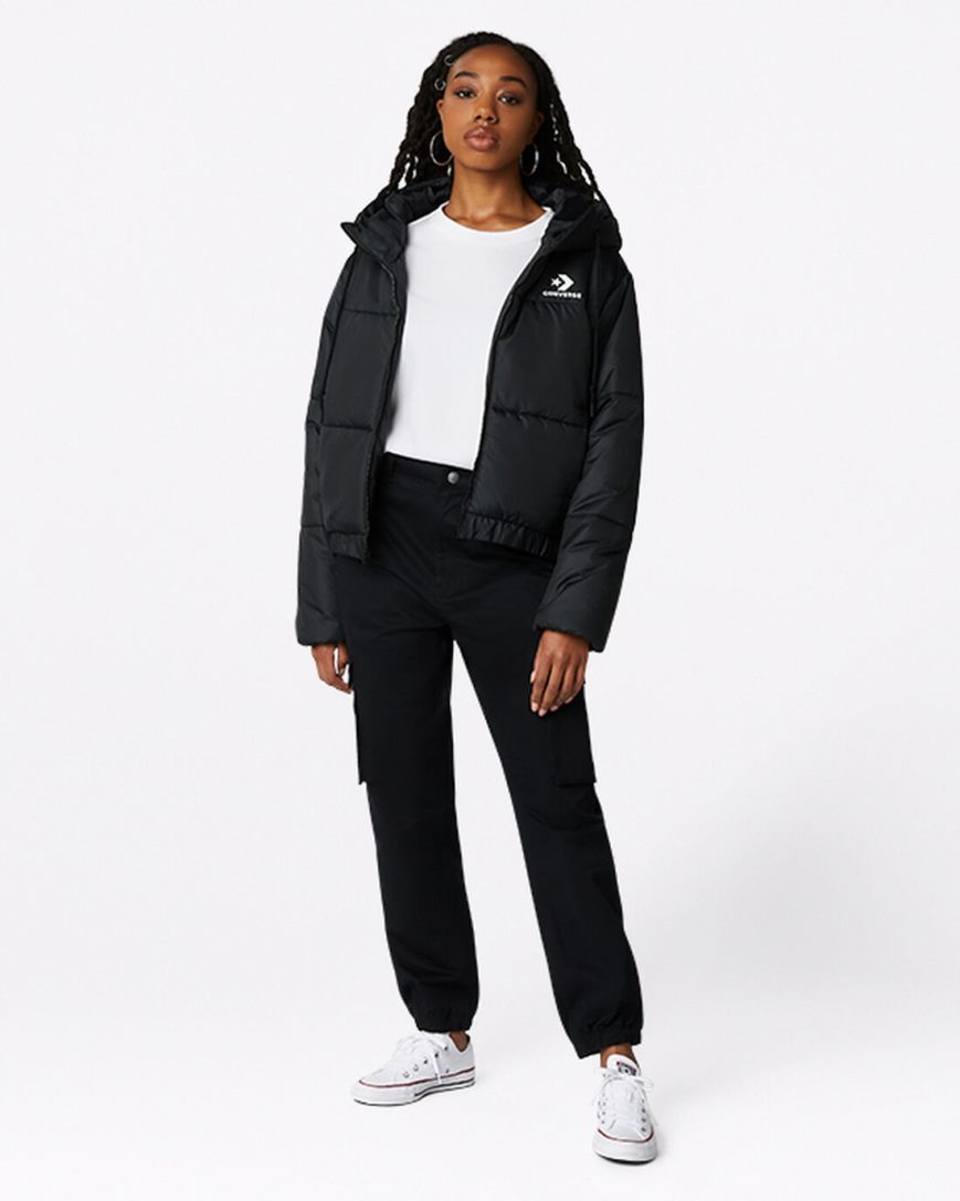 Black Converse Short Hooded Puffer Women's Jackets | RFKIL5784