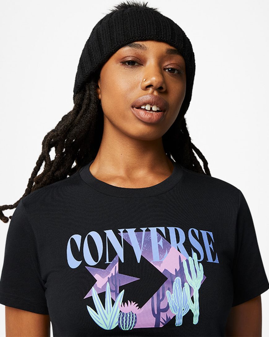 Black Converse Star Chevron Desert Mountain Women's T-Shirts | PG43851I9