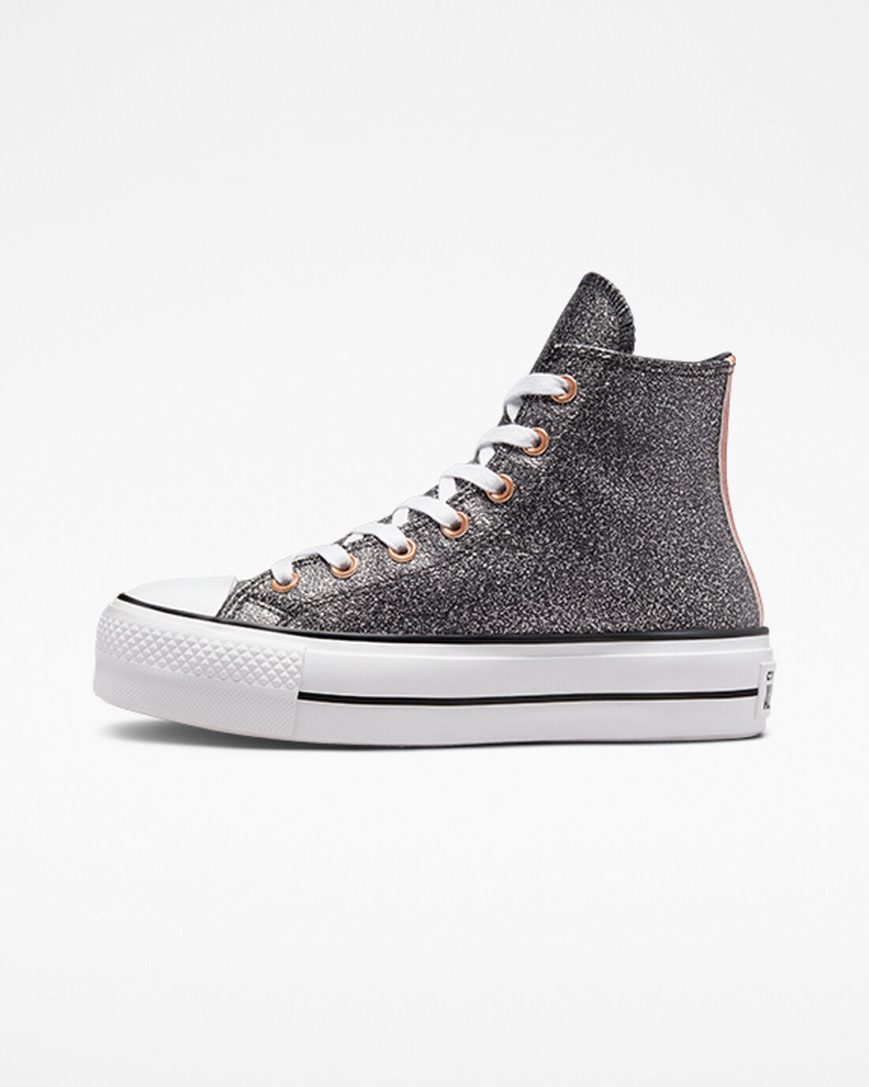 Black / Copper / White Converse Chuck Taylor All Star Lift Metallic Glitter High Top Women's Platform Shoes | HL4K38I95