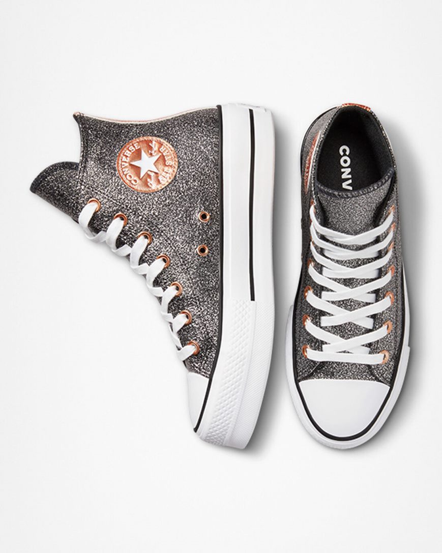 Black / Copper / White Converse Chuck Taylor All Star Lift Metallic Glitter High Top Women's Platform Shoes | HL4K38I95