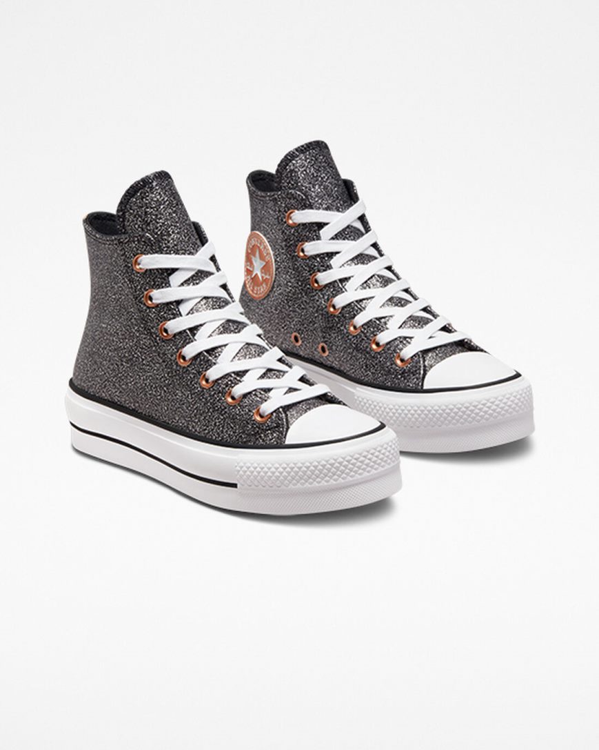 Black / Copper / White Converse Chuck Taylor All Star Lift Metallic Glitter High Top Women's Platform Shoes | HL4K38I95