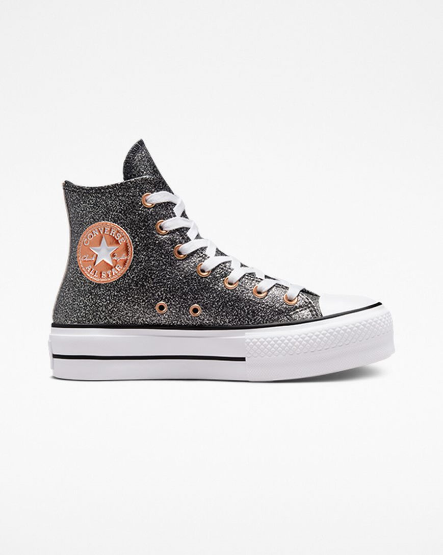 Black / Copper / White Converse Chuck Taylor All Star Lift Metallic Glitter High Top Women\'s Platform Shoes | HL4K38I95