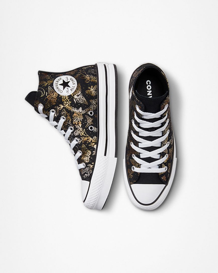 Black / Gold / White Converse Chuck Taylor All Star EVA Lift Butterfly Shine High Top Girls' Platform Shoes | IB715983K