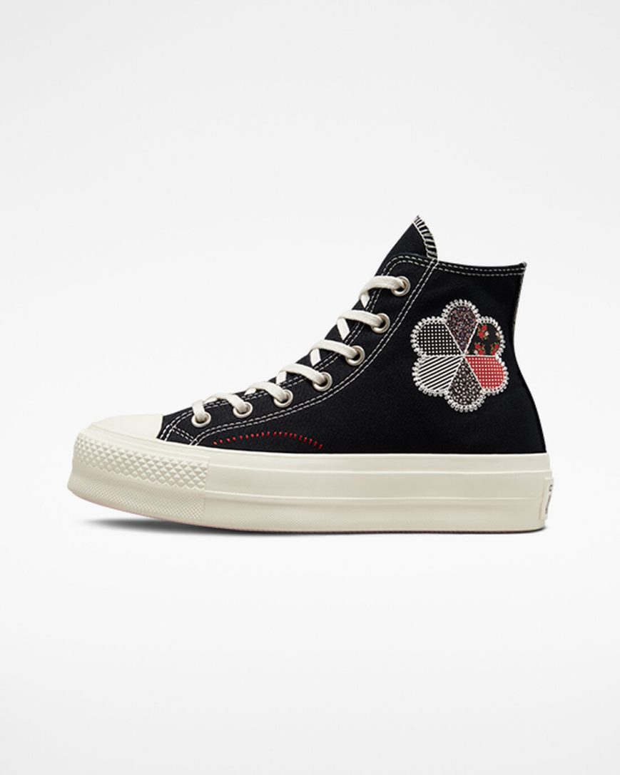 Black / Red Converse Chuck Taylor All Star Lift Crafted Patchwork High Top Women's Platform Shoes | OT9415IK8