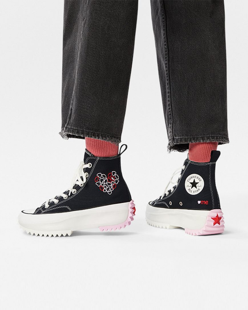 Black / Red Converse Run Star Hike Embroidered Hearts High Top Men's Platform Shoes | NK79K438I