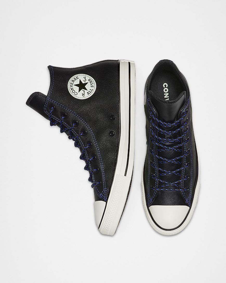 Black / Royal Converse Tumbled Leather Chuck Taylor All Star Men's High Top Shoes | BEL13894K