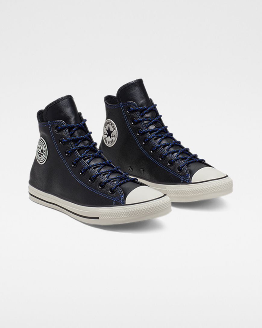 Black / Royal Converse Tumbled Leather Chuck Taylor All Star Men's High Top Shoes | BEL13894K