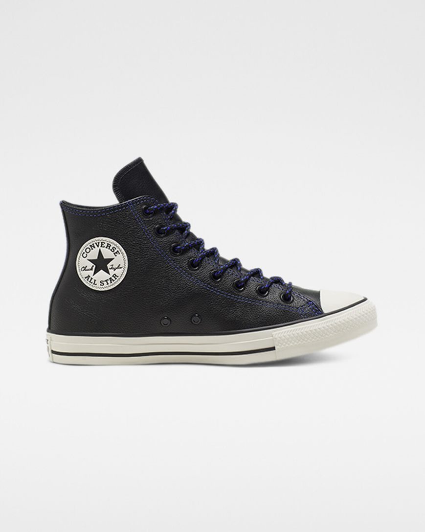 Black / Royal Converse Tumbled Leather Chuck Taylor All Star Men\'s High Top Shoes | BEL13894K