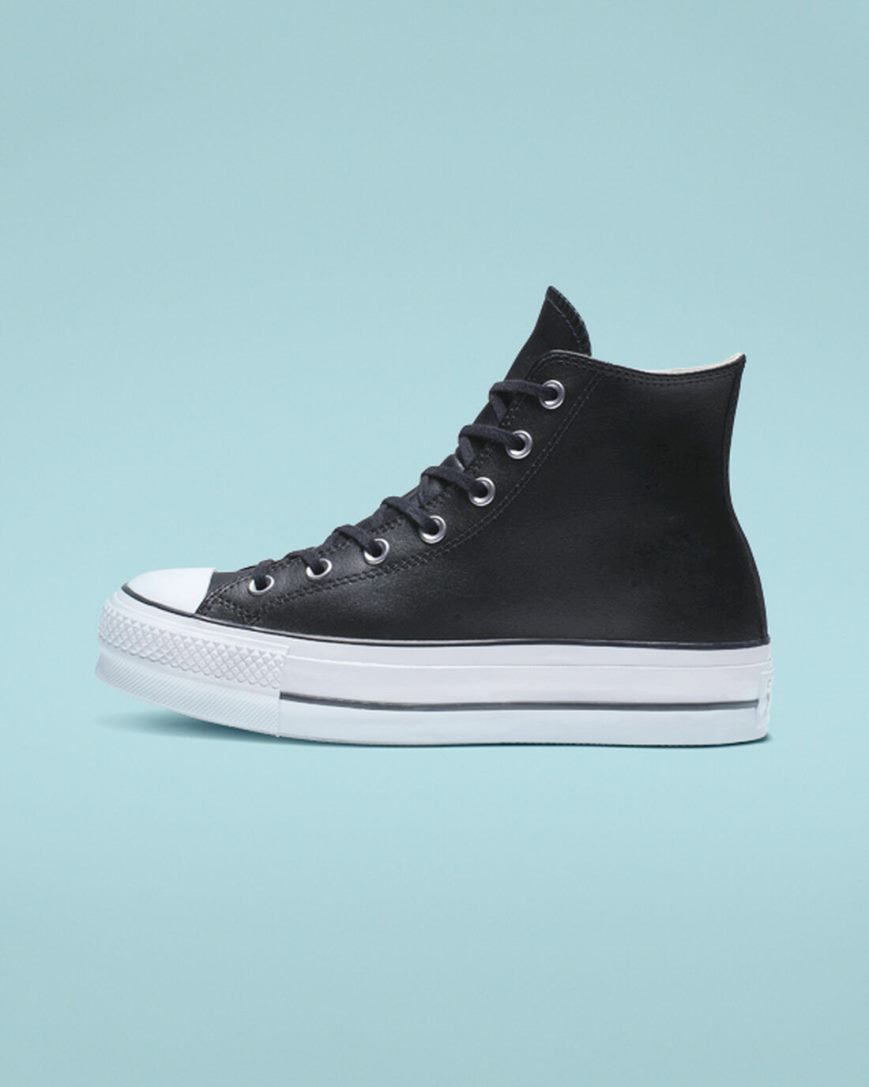 Black / White Converse Chuck Taylor All Star Lift Leather High Top Women's Platform Shoes | VDI71K483