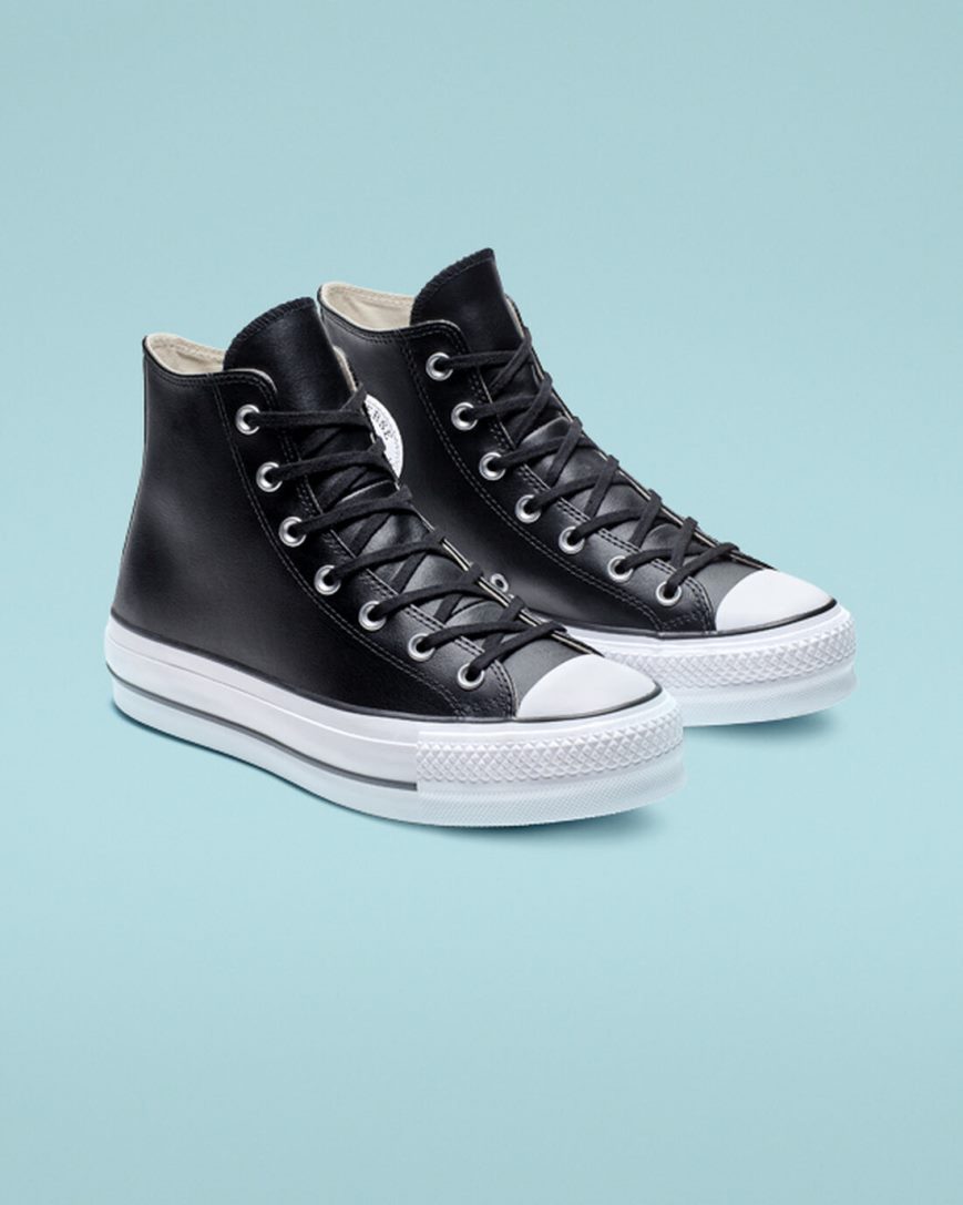 Black / White Converse Chuck Taylor All Star Lift Leather High Top Women's Platform Shoes | VDI71K483