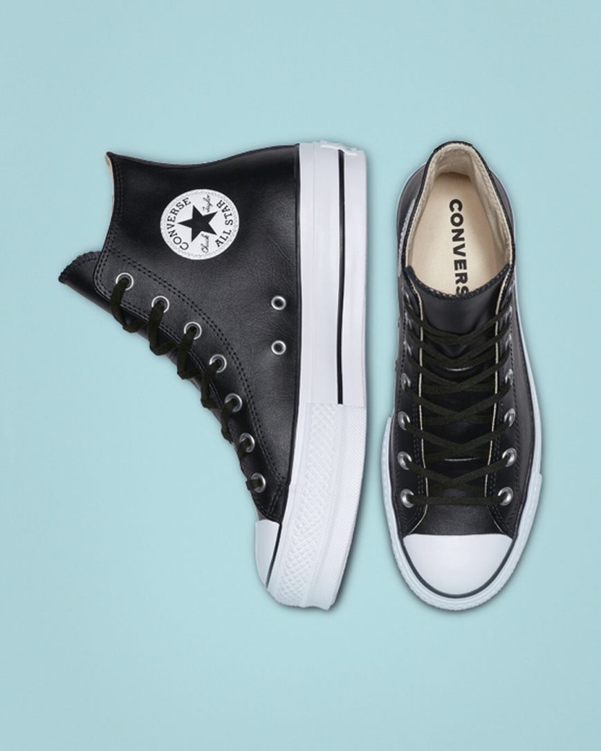 Black / White Converse Chuck Taylor All Star Lift Leather High Top Women's Platform Shoes | VDI71K483