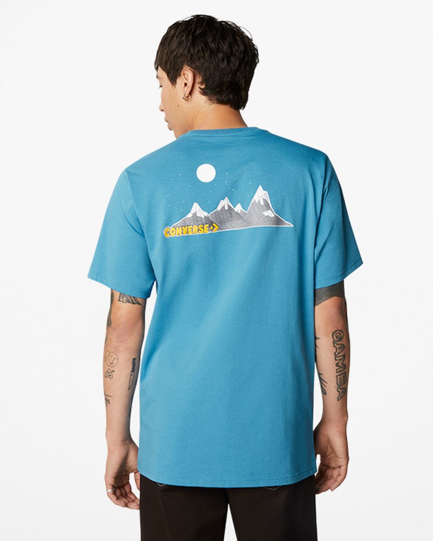 Blue Converse Moon Mountain Graphic Men's T-Shirts | TC753IL89