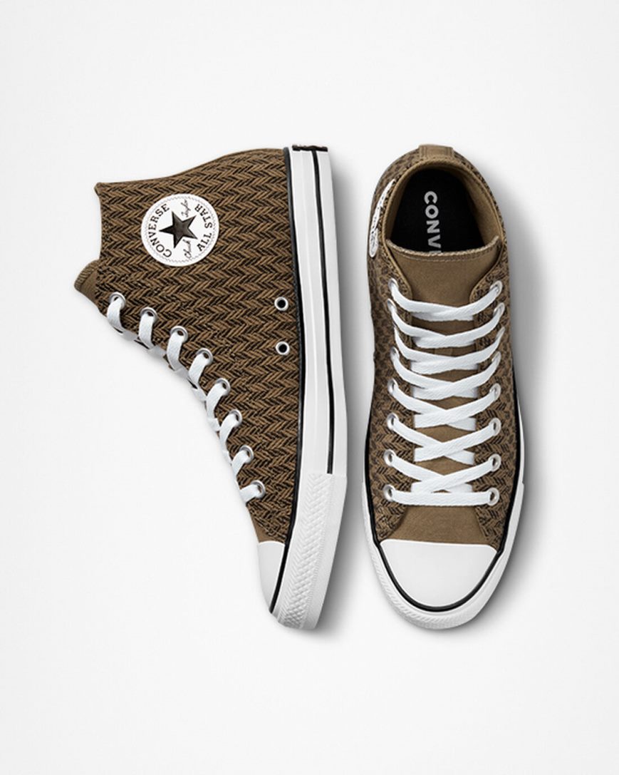 Brown / White Converse Chuck Taylor All Star Herringbone Men's High Top Shoes | CE5I43LK9