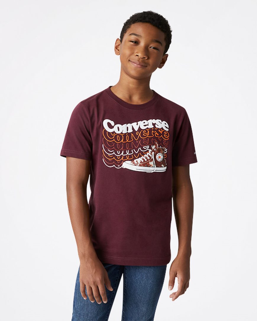 Deep Burgundy Converse Wavy Wordmark Sneaker Boys\' T-Shirts | KO578LK41