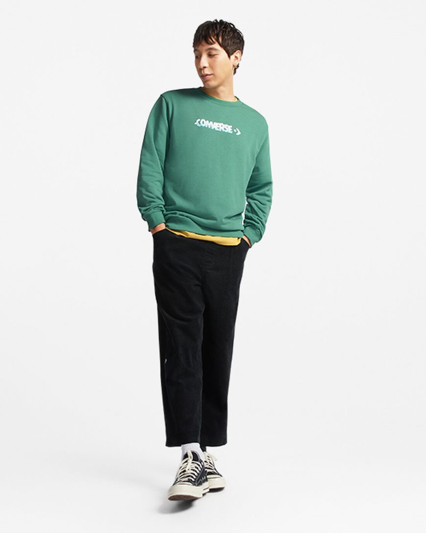 Green Converse Cloud Graphic Long Sleeve Crew Men's Sweatshirts | BJ159LI4K